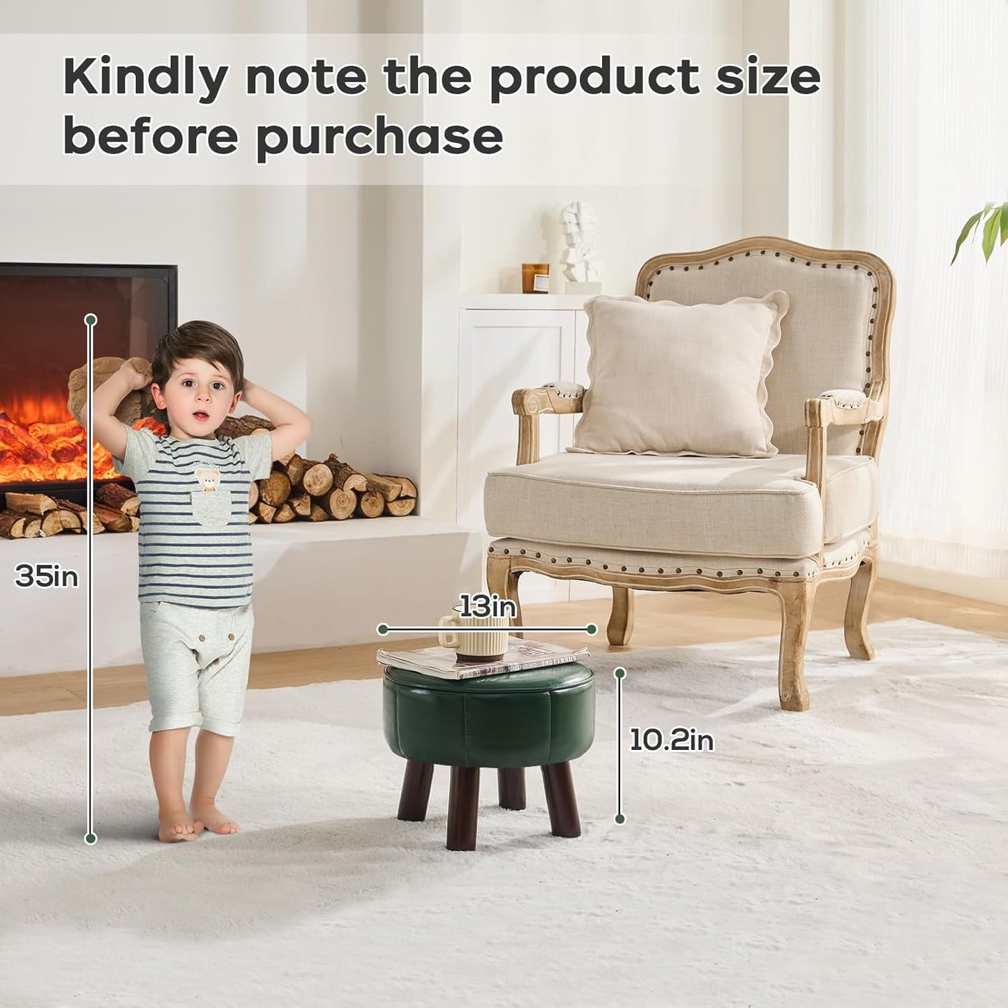 13in Small Foot Stool Ottoman, Round Faux Leather Foot Rest for Couch, Under Desk Pouf Footstool Footrest with Non-Skid Rubber Legs for Ling Room, Bedroom, 13''L x 13''W x 10.2''H, Green