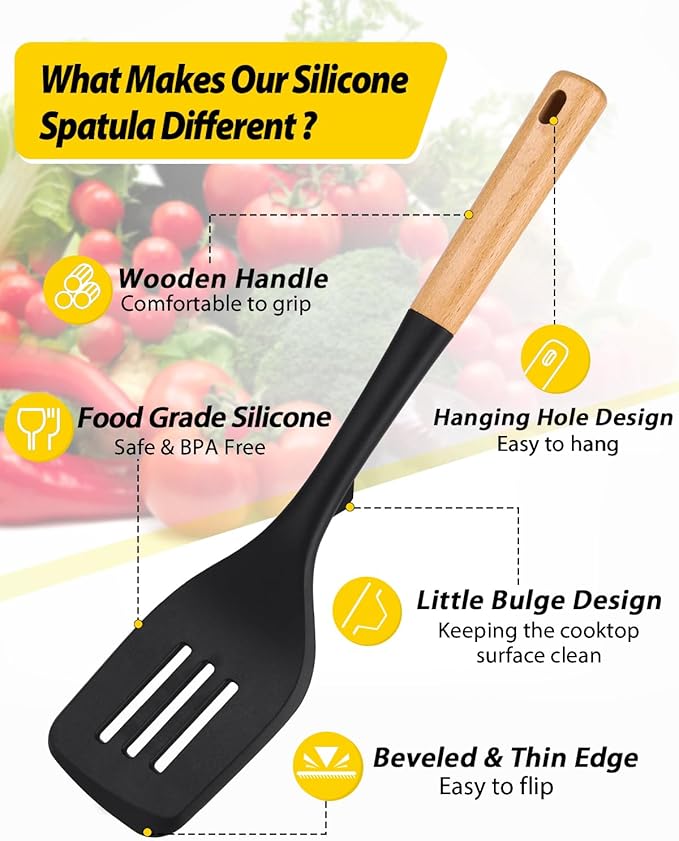 Pack of 2 Large Silicone Spatula, Heat Resistant Solid Turner, Non Stick Slotted Spatulas with Wooden Handle, Ideal Kitchen Utensils for Flipping, Pancakes, Eggs, Fish(BLACK)