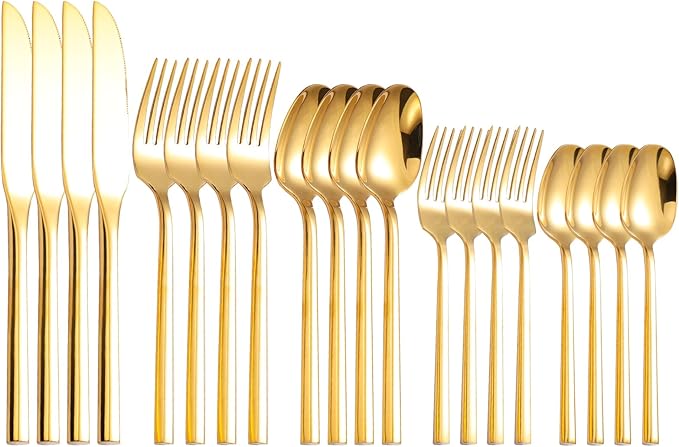 Mirror Silverware Set Gold Flatware Set with Hexagon Handle 20 Pieces 18/0 Stainless Steel Cutlery Set Wedding Housewarming Gift Service for 4 (Mirror gold)