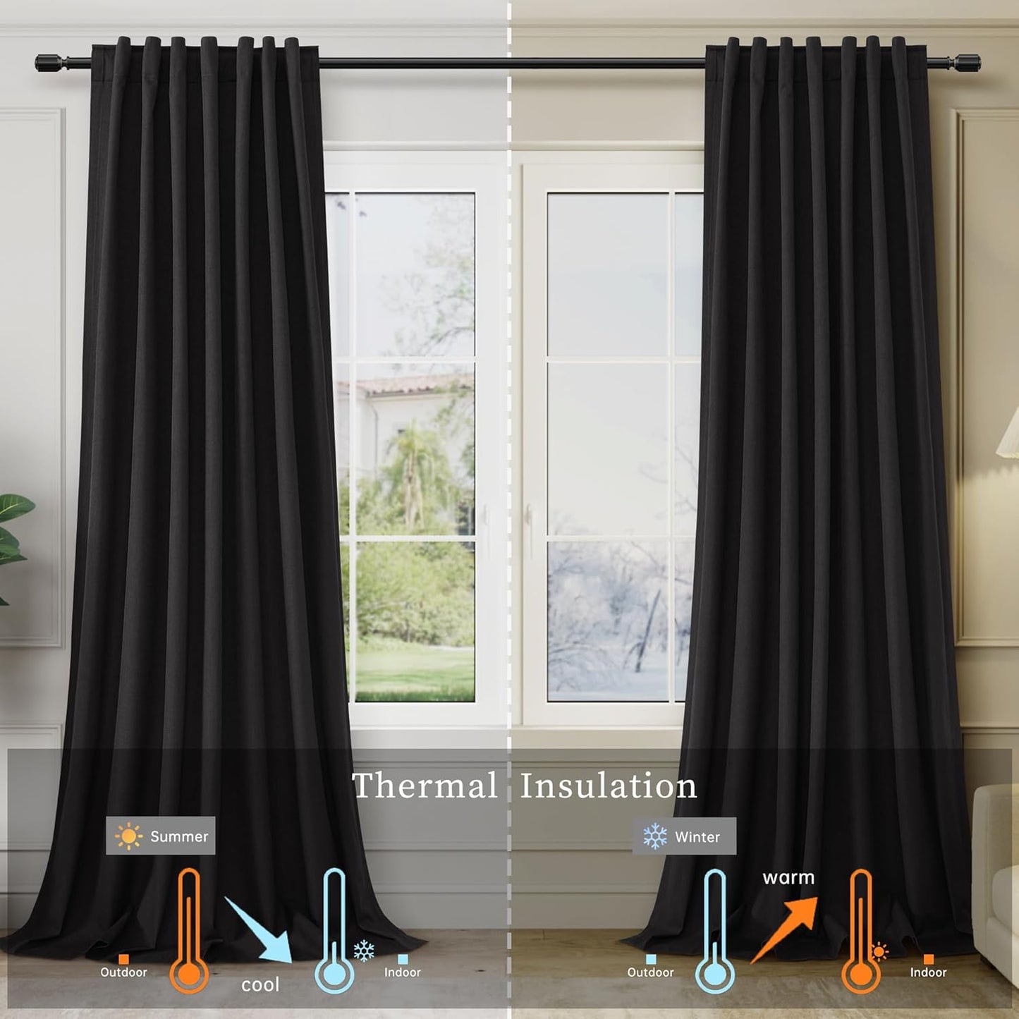 BOODII 63 Inch Blackout Curtains Black Linen Black Out Curtains for Bedroom 2 Panels Set Modern Room Darkening Curtain Thermal Insulated Curtain for Winter Window Drapes Back Tab 52x63