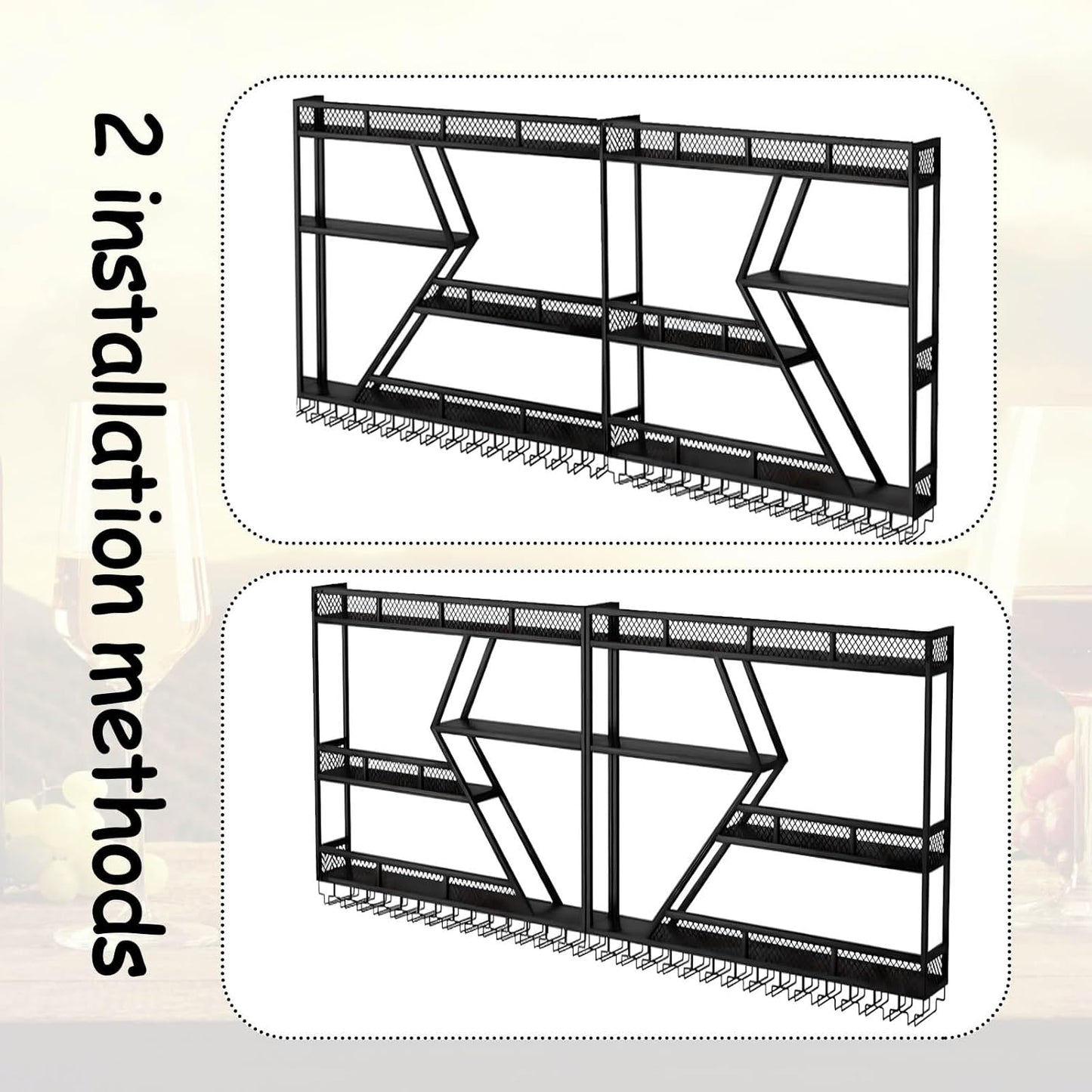 Wall Mounted Wine Rack with Glass Holder, 3-Tier Metal Storage Shelf, Black Diamond Design, Wine Bottle Display with Stemware Storage (Black, 78.74in/200cm)