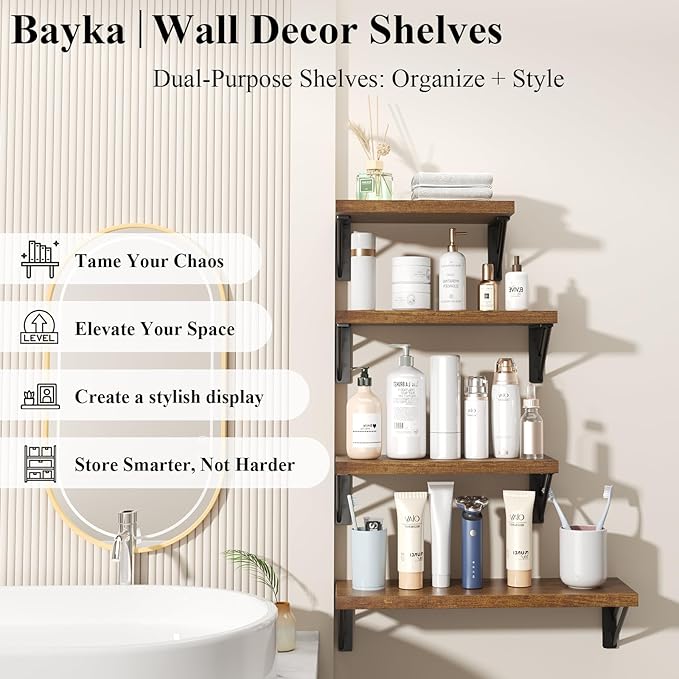 BAYKA Floating Shelves for Wall, Book Shelf for Bedroom, Wall Decor Shelves for Living Room Kitchen, Mounted Wood Floating Shelf for Home Decor, Corner Shelf for Bathroom, Office(Set of 4)