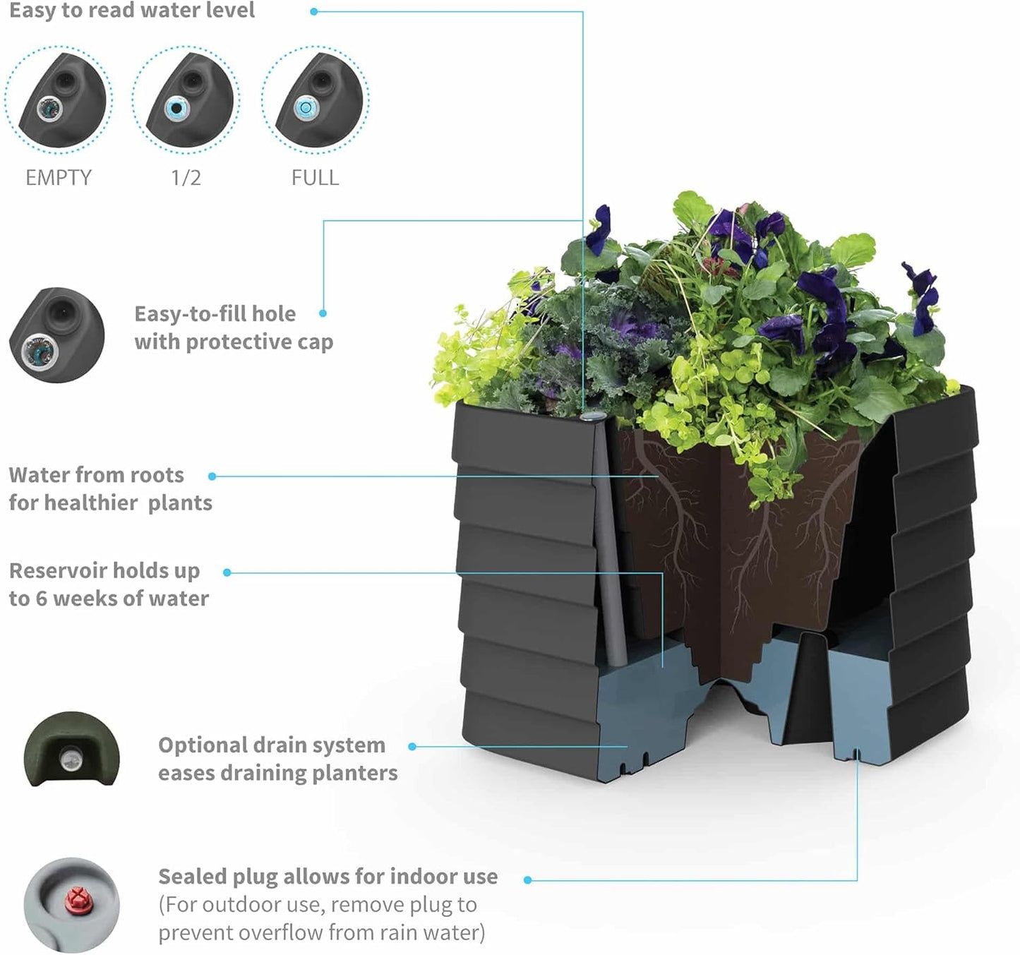 Crescent Garden TruDrop Self Watering Slat Medium Rectangular Planter Box for All-Weather - Outdoor Deck Box Planter for Flowers and Herbs, 36'' x 17'' x 17''H (Slate)