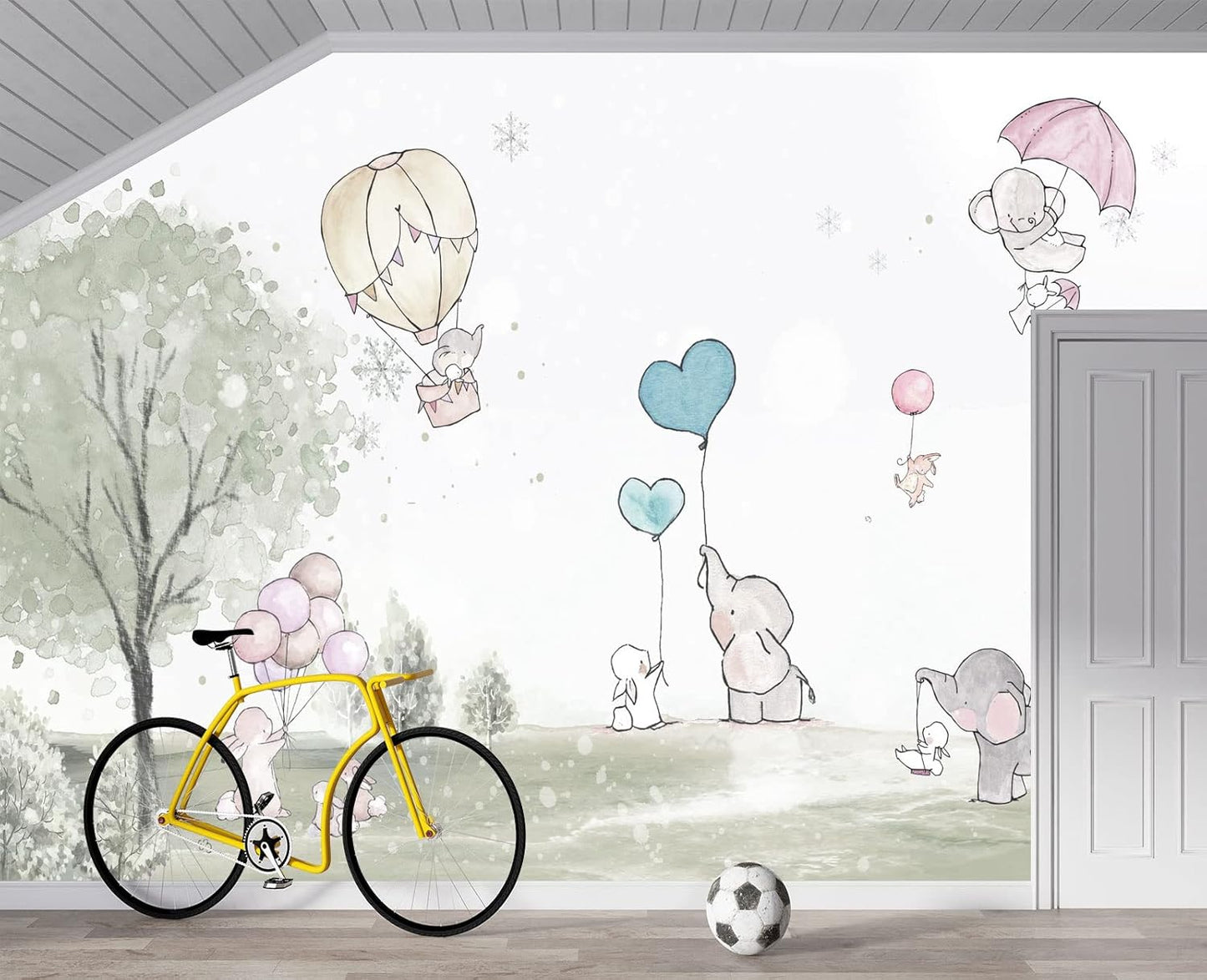 Cartoon Elephant Rabbit Balloon Nursery Wall Mural Wallpaper 103" x 69"