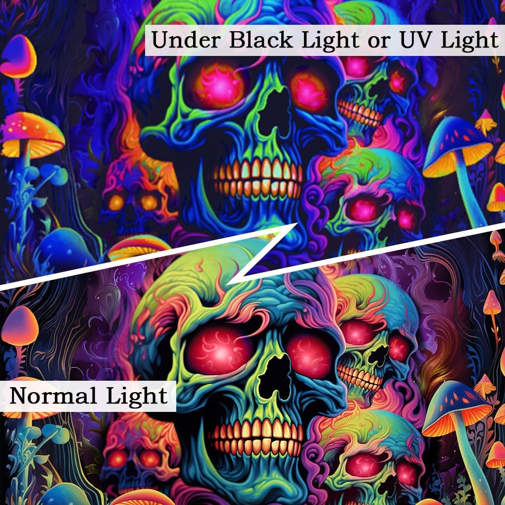 Skull Blacklight Tapestry, UV Reactive Skeleton Wall Art for Bedroom, Adults' Black Light Posters, Halloween Horror Glow in Dark Tapestry Aesthetic Living Room Dorm Decor 60x40IN