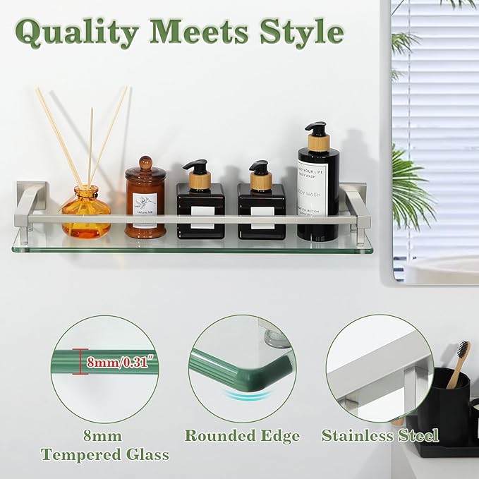 Alise Bathroom Shelves,Brushed Nickel Glass Shelf for Bathroom, Modern Floating Shelves,20 inch