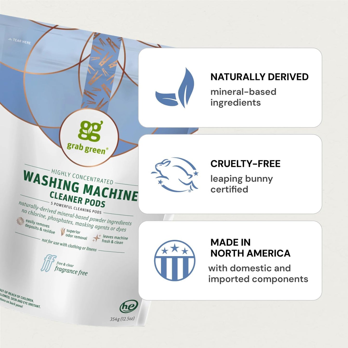 Grab Green Washing Machine Cleaner, 2 Count, Fragrance Free, Mineral Based Removes Deposits and Odors, Naturally Cleans