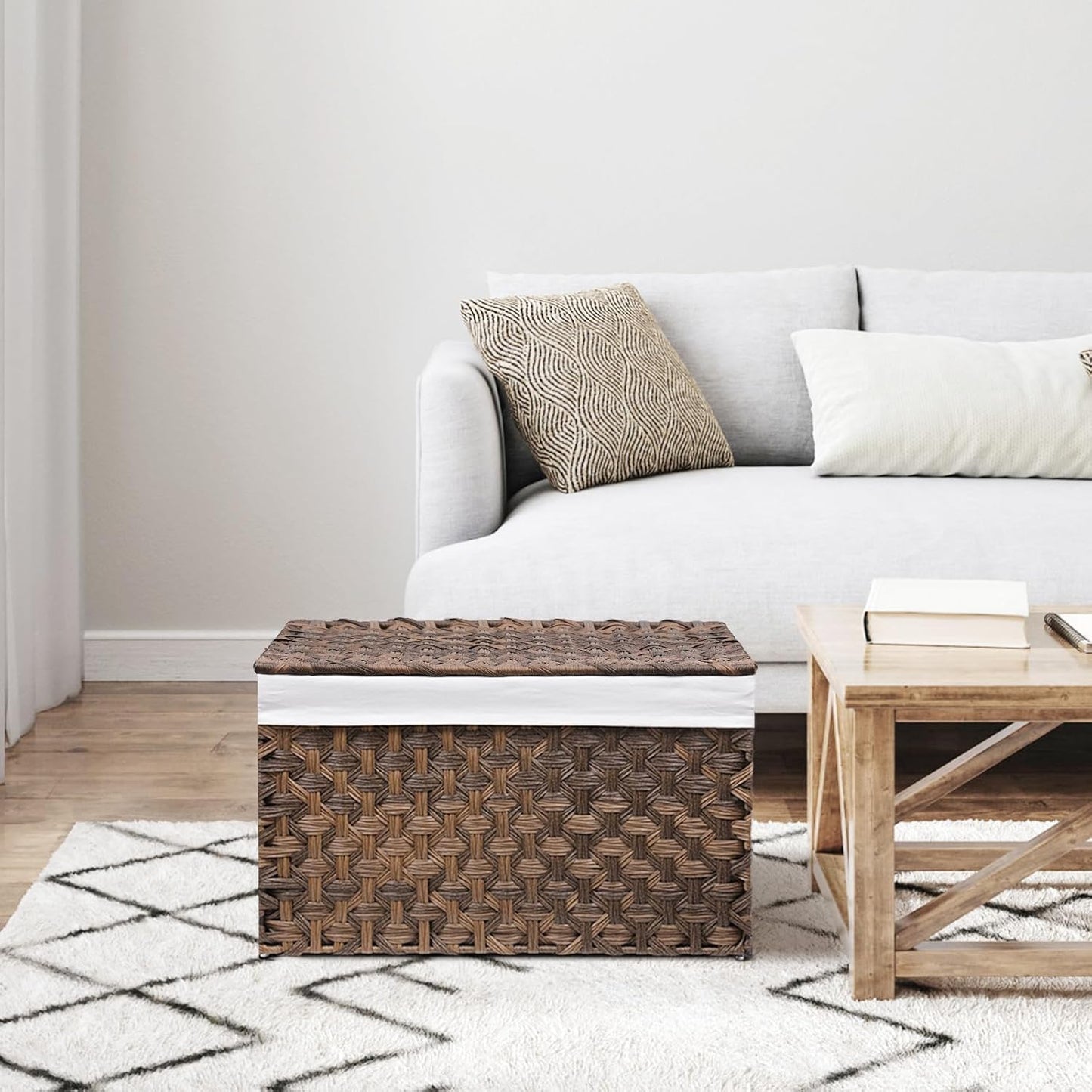 Wicker Storage Basket with Lid, 42.3 Gallon (160L) Large Blanket Basket with Lid, Woven Storage Bin with Handles, Removable Liner, Metal Frame, Foldable, for Bedroom, Laundry Room, Brown