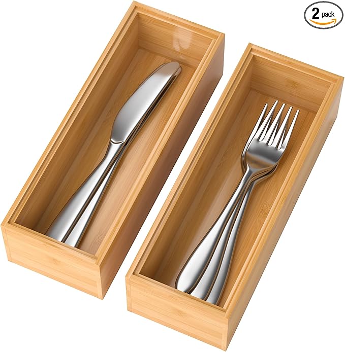 Bamboo Drawer Organizer – Set of 2 Stackable Storage Boxes, Silverware Tray & Small Gadget Holder for Kitchen Drawers, 9" x 3" x 2" (Outer), 8.3" x 2.3" x 1.77" (Inner)