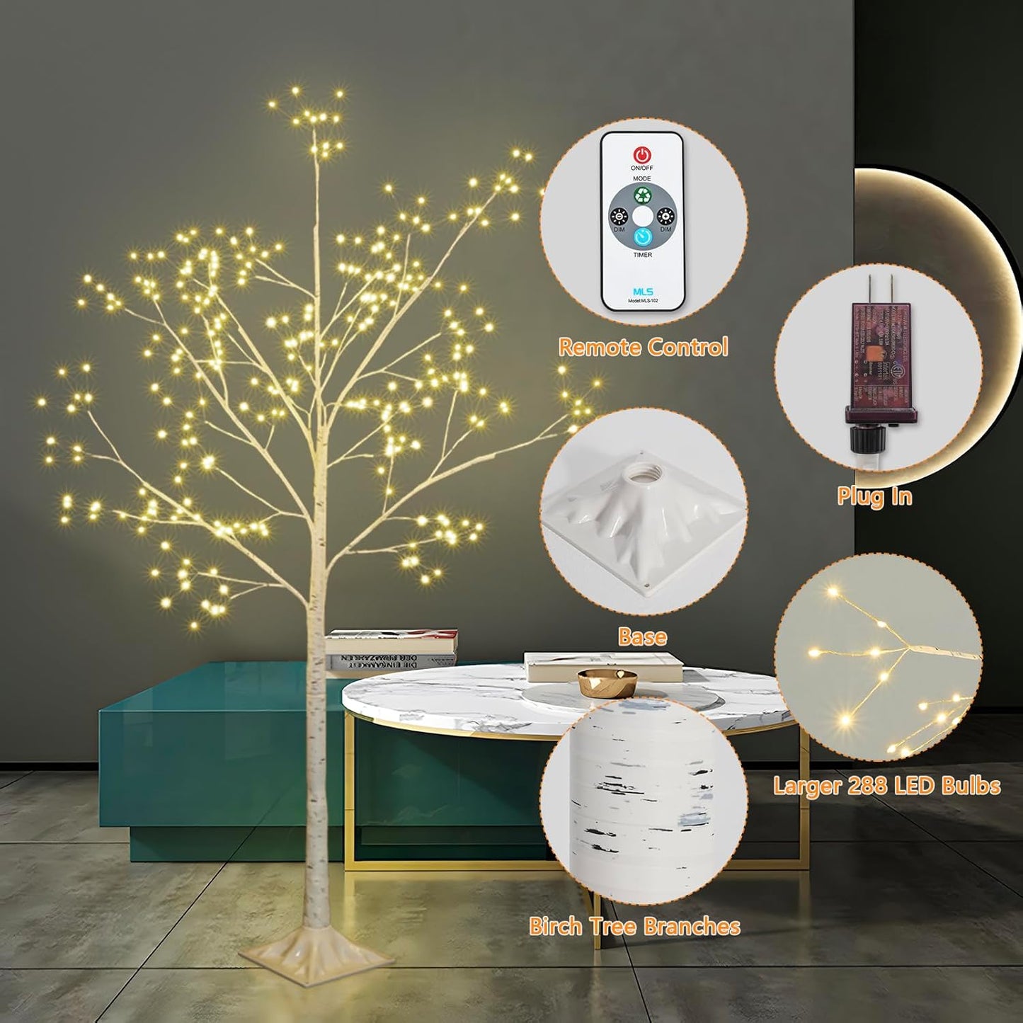 288 LED Birch Tree Lighted with Remote Control, Electric Plug in DIY Artificial Tree Lights, Fairy Spirit Tree lamp for Home Bedroom Christmas Party Indoor Decor Lights (Warm White)