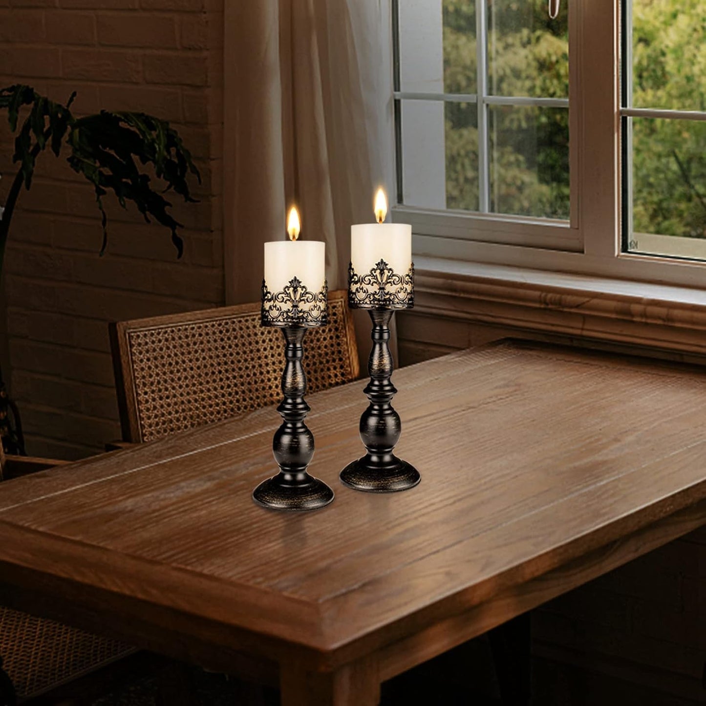 Candle Holders for Pillar Candles Gothic Matte Black Vintage Tall Candle Holders Set of 2 Decorative Large Table Centerpieces Candle Stand Decor (Distressed Black 2PCS A)