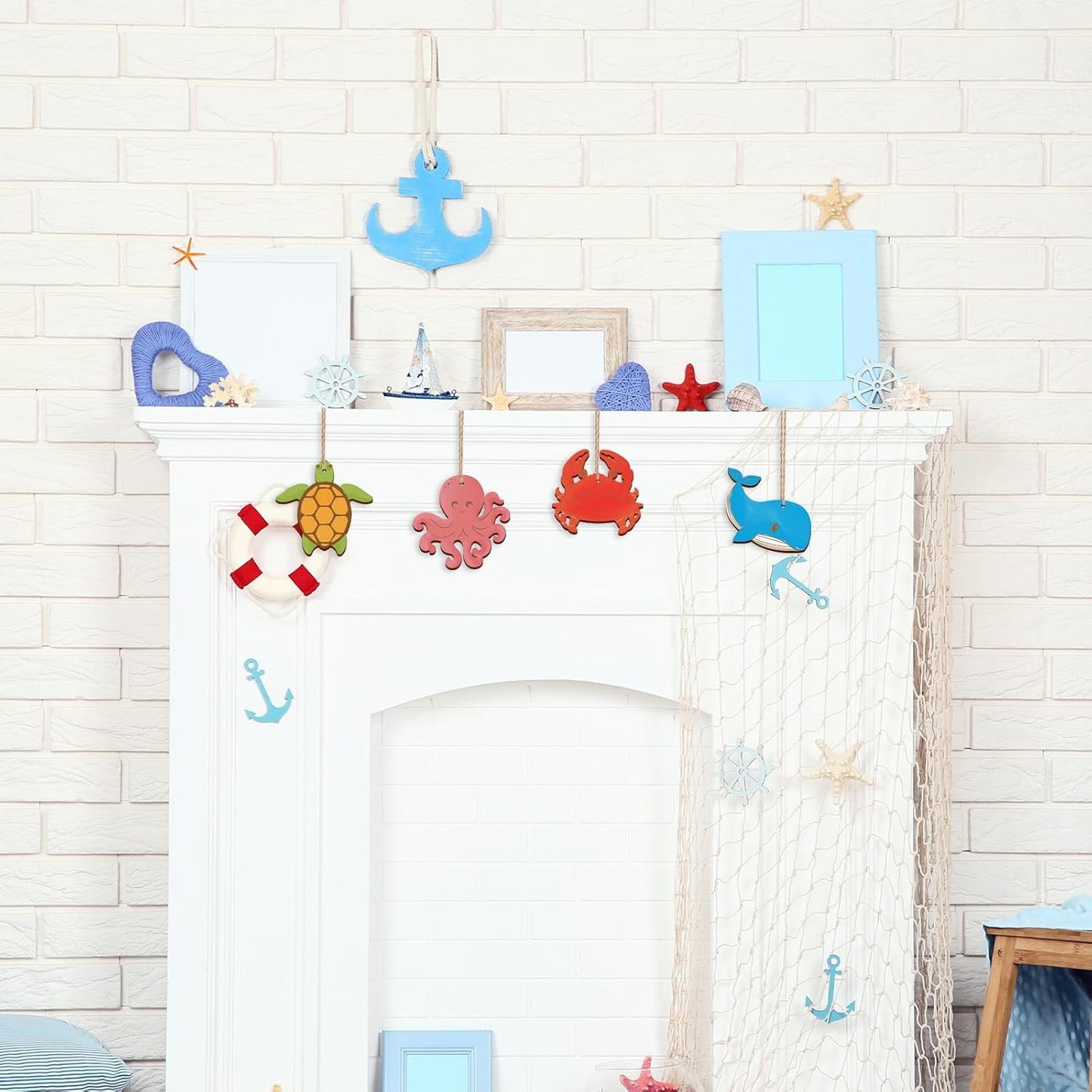 80PCS Wooden Sea Ornaments to Paint, 10 Styles DIY Blank Unfinished Wood Ocean Whale Seahorse Octopus Starfish Dolphin Turtle Shark Crab Cutouts Ornament for Crafts Hanging Decorations Summer