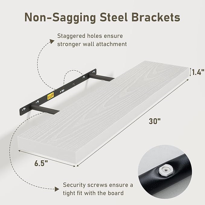 Fun Memories 30 Inch Floating Shelves Set of 3, Farmhouse White Wall Shelves for Kitchen, Living Room, Wall Mounted Bathroom Shelves in Black, 30 x 6.7 x1.4 Inch