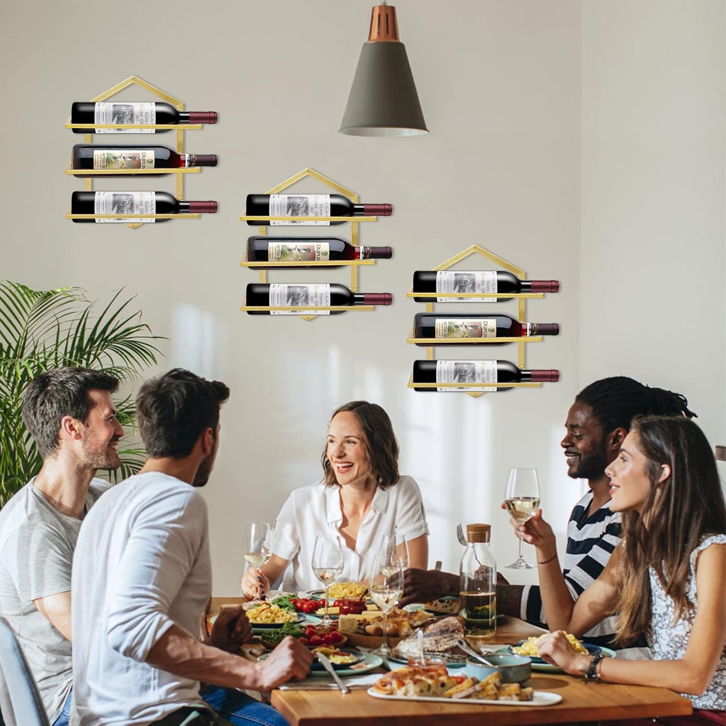 2Pcs Wall Mounted Wine Stemware Rack, Metal Hanging Wine Glass Display Holde Holds 3 Bottles, Elegant Storage for Kitchen Dining Room Bar Wine Cellar (Gold)