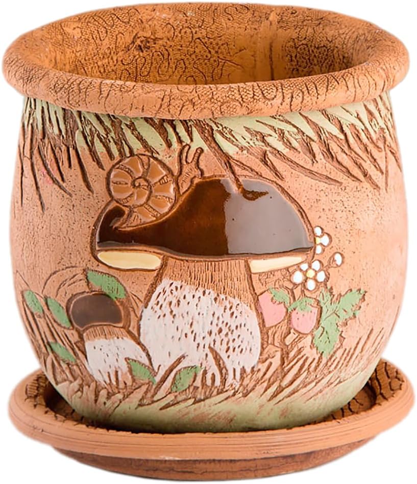 Ceramic Pot with Drainage Hole and Saucer, Plant Pots, Modern Decorative Planters for House Plants Indoor Flowers Plants, Cute Flower Pot - Gifts (Mushrooms)