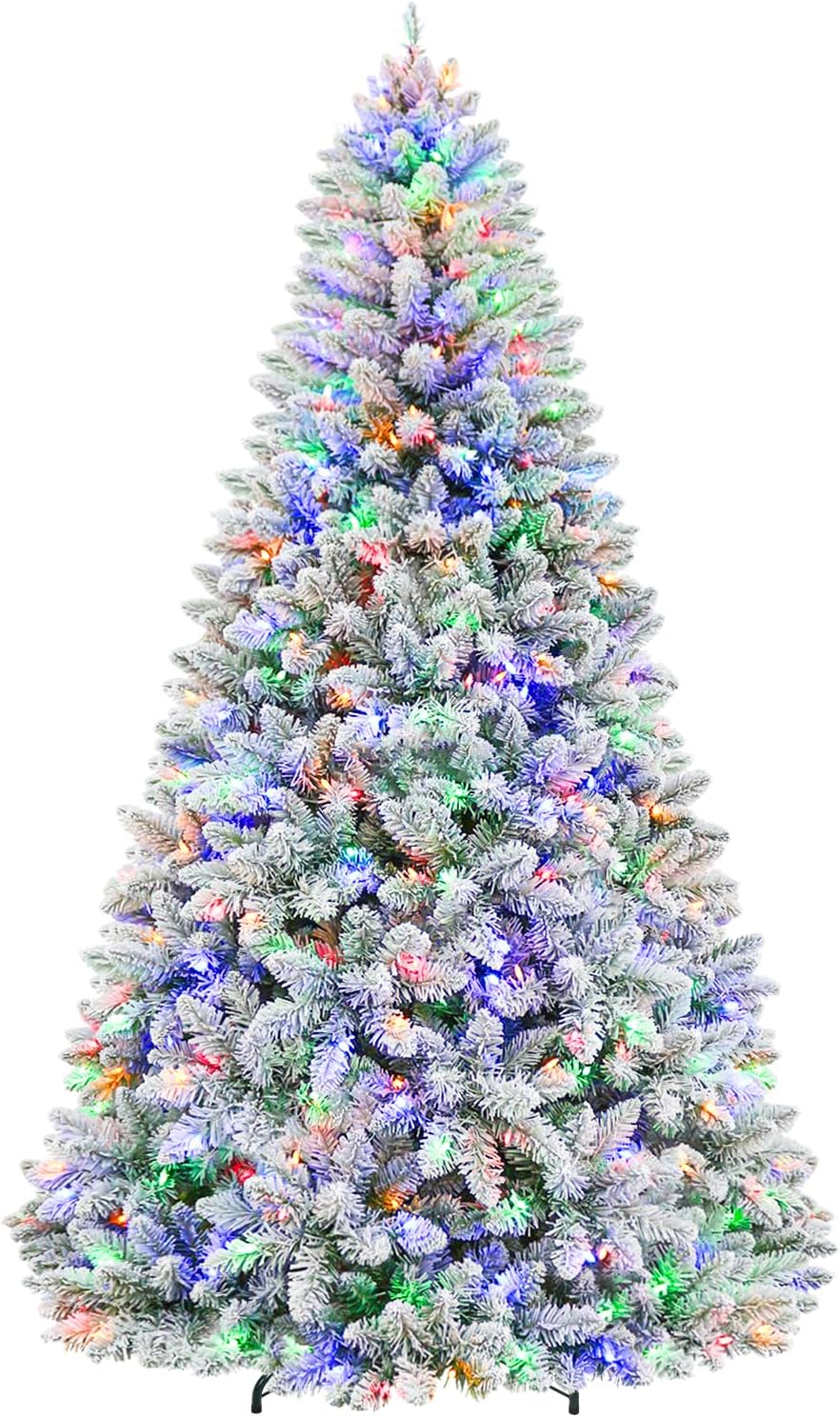 6ft Lighted Artificial Christmas Tree, 250 Multicolor LED Lights, Snow Flocked Christmas Tree with 1032 PVC Tips, Metal Base & Hinged Branches for Holiday, 10 Modes