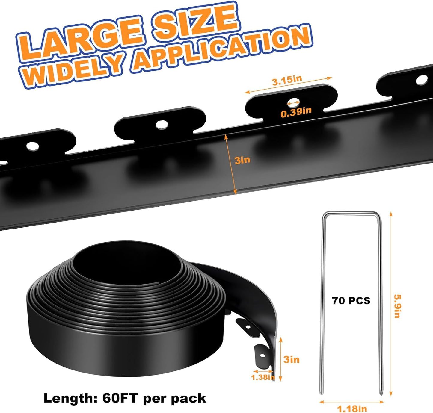 3 Inch x 60 FT (Multiple Sizes Available) Landscape Edging, Garden Edging Borders with 60pcs Upgrade Stakes, Flexible No Dig Plastic Garden Border for Lawn, Landscaping, Flower Beds and Yard