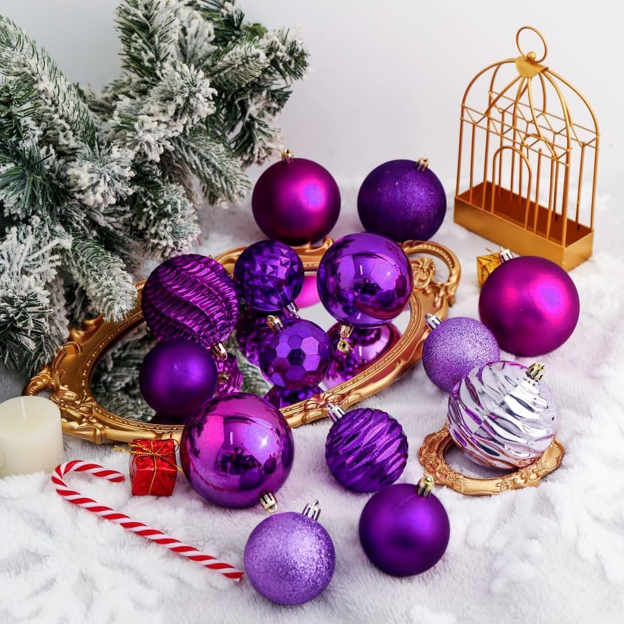 XmasExp 24ct Christmas Ball Ornaments Shatterproof Christmas Ornaments Set Decorations for Xmas Tree Balls Halloween Decorations 40mm/1.57” (1.57'', Purple)