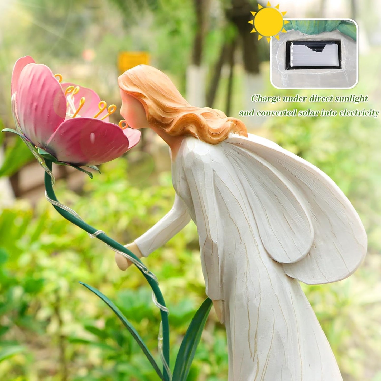 Fairy Garden Statue Outdoor Decor, Solar Powered Garden Sculptures Fairy Resin Statues Waterproof Pink Flower Solar LED Lights Yard Art Decorations for Outside Patio Lawn Decor