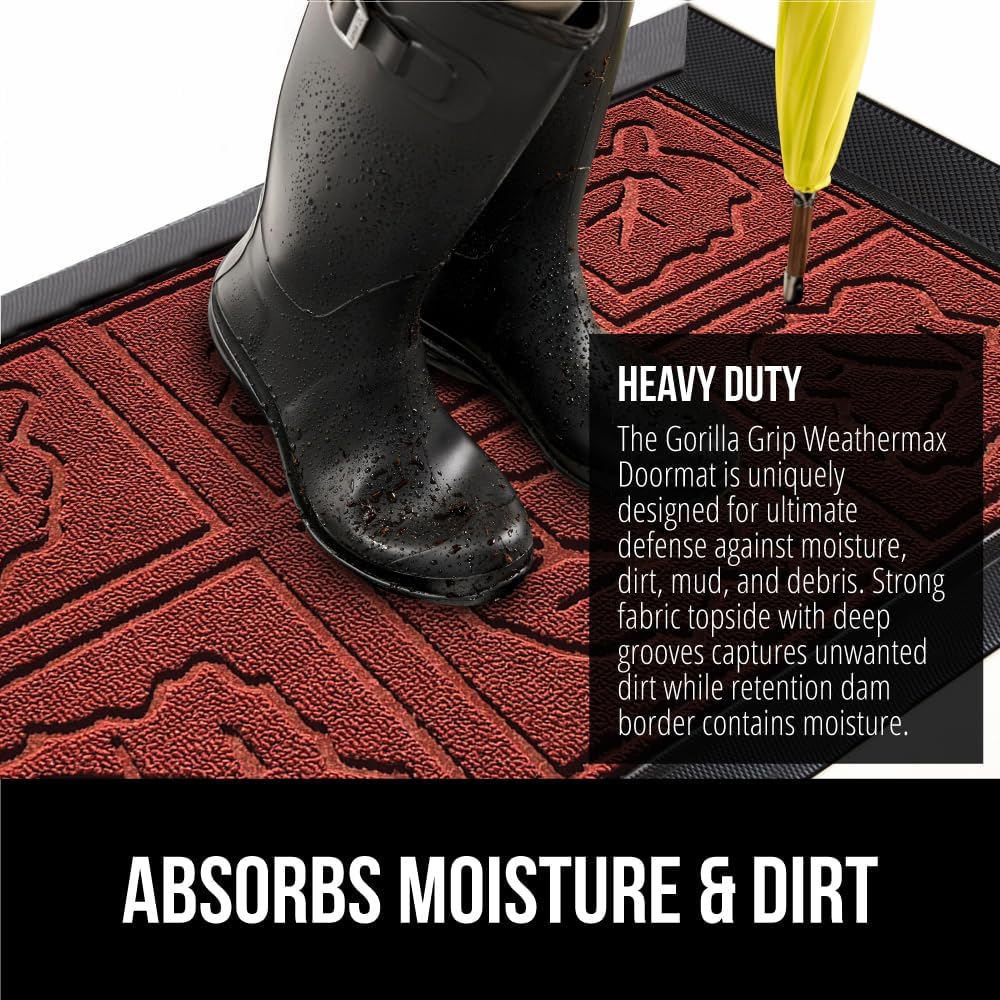GORILLA GRIP 100% Waterproof All-Season WeatherMax Doormat 35x23, US Designed Natural Rubber, Stain and Fade Resistant, Low Profile Indoor Outdoor Door Mats, Easy Clean Patio Mat, Burgundy Leaves
