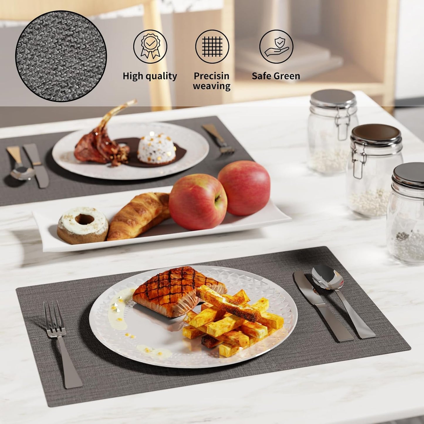 Cloth Placemats, Set of 6 Heat-Resistant Cotton Linen Blend Double Layered Machine Washable Place Mats, Wrinkle Free Thick Fabric Dining Table Mats for Indoors & Outdoors (Dark Grey, 6)