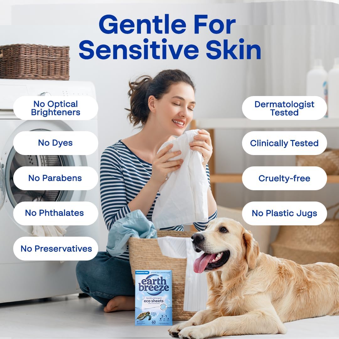 Earth Breeze Laundry Detergent Sheets Fragrance-Free - 60 Loads Eco Liquidless Soap - Travel-Friendly for Hot & Cold Cycles, Tackles Tough Stains & Odors - Gentle on Sensitive Skin, 30 Ct