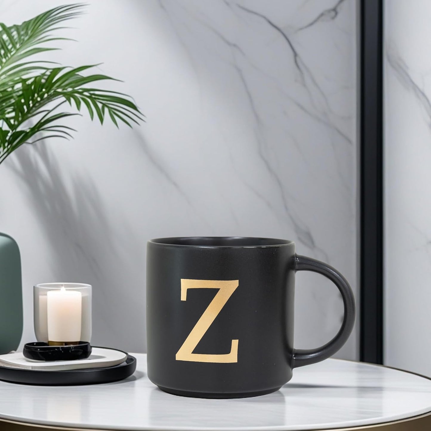 COLLECTIVE HOME - Monogram Ceramic Mugs, 15 oz Golden Initial Black Coffee Cups, Elegant Alphabet Tea Mugs, Elegant Personalized Mug with Gift Box, Unique Mug with Double Side Capital Lette (Z)