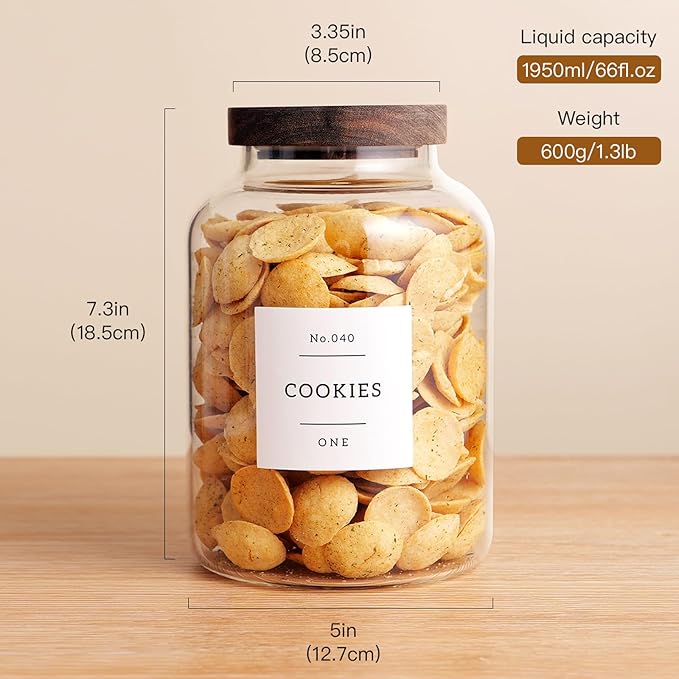 Set Of 2 Large Glass Jar with Wooden Lid with 132 Labels, Glass Storage Jars for Flour Pasta Candy Coffee Cookie and More(70 FL OZ/2000 ml)