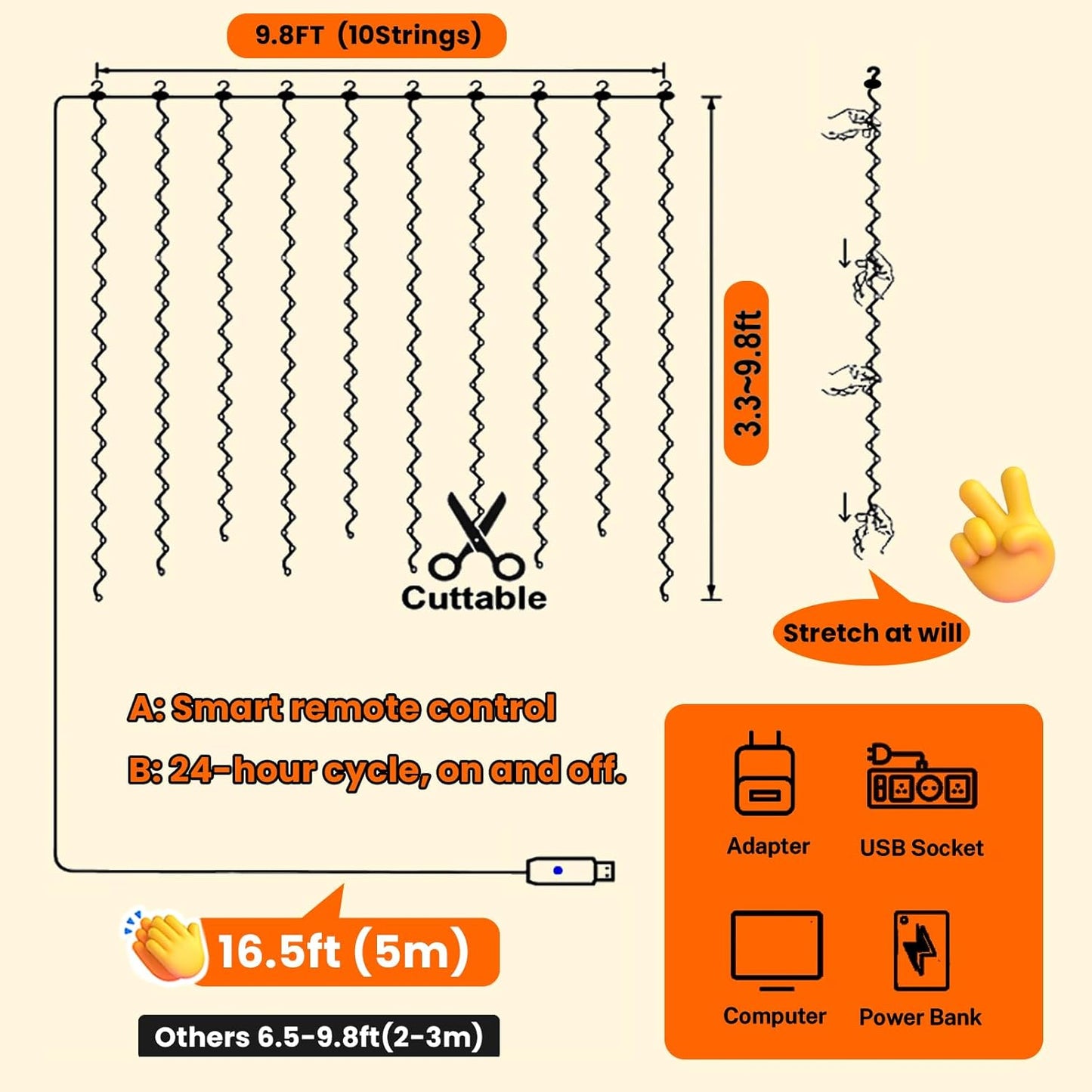HXWEIYE 300LED Orange Fairy Curtain Lights with Remote 8 Modes Timer for Bedroom, 9.8x9.8Ft USB Plug in Christmas Fairy String Hanging Lights for Fall, Halloween, Weddings, Party, Wall, Decorations