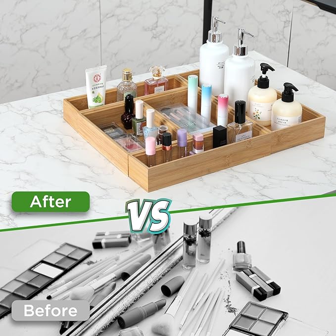 Bamboo Drawer Organizer, 2PCS Stackable Storage Boxes for Utensil Organizer, Wood Tray for kitchen, Bathroom and Bedroom 9" x 6" x 2"