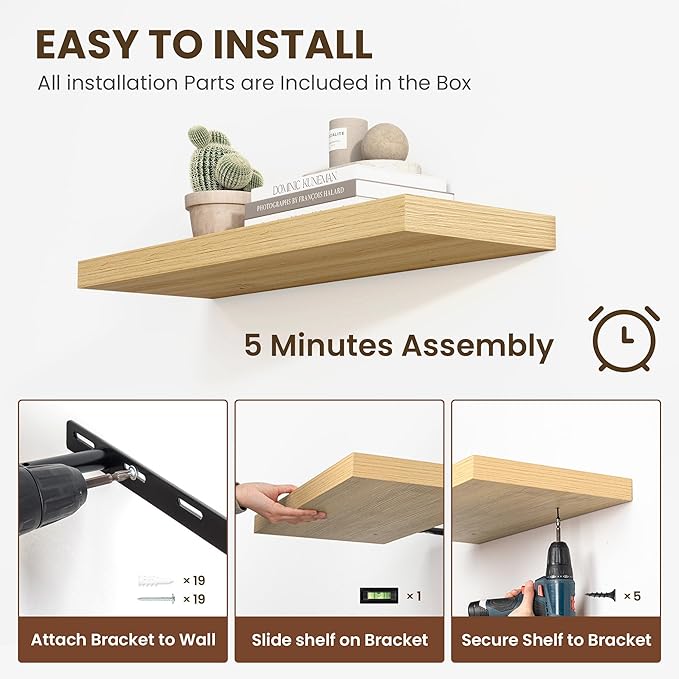 36 Inch Floating Shelves, 11.6 Inch Deep Floating Shelves for Wall, Floating Shelf with Invisible Brackets, Deep Shelves for Bathroom, Bedroom, Living Room, 2 Pack, Natural