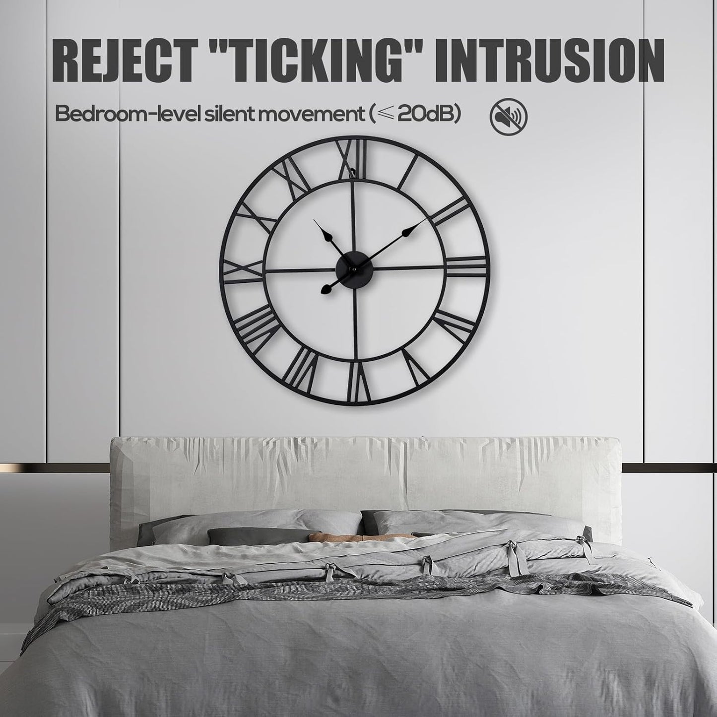 Large Wall Clock for Living Room Decor – 24 Inch Silent Non-Ticking Modern Farmhouse Wall Clock, Oversized Decorative Metal Roman Numeral Clock, Black