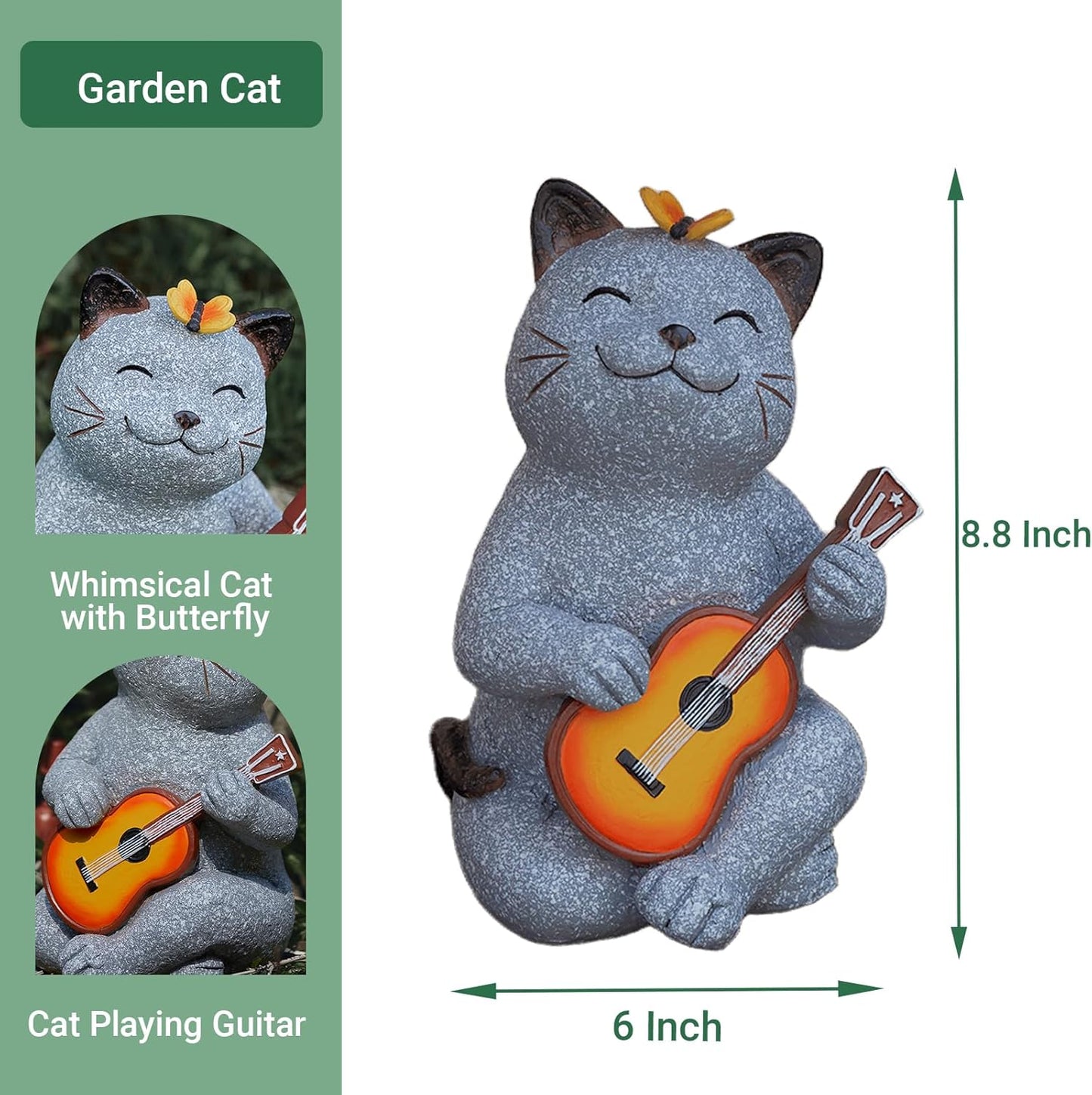 Cat Garden Statue Outdoor Decor, Cat Sculpture with Guitar and Butterfly for Yard Lawn Patio Balcony, Birthday Housewarming Gifts for Mom, Grandma, Women, 8.8 inch, Resin