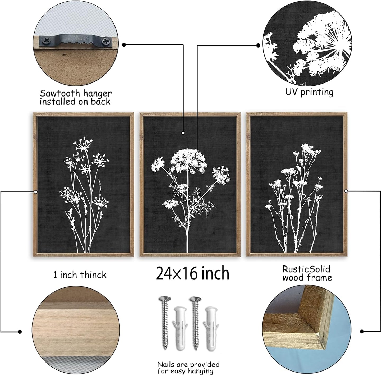 Flower Plant Wall Art Decor 24"x16" Set of 3 Black And White Botanical Painting Wood Framed For Minimalist Bedroom Office Rustic Living Room Abstract Wildflower Sign Hanging (Wood Black)