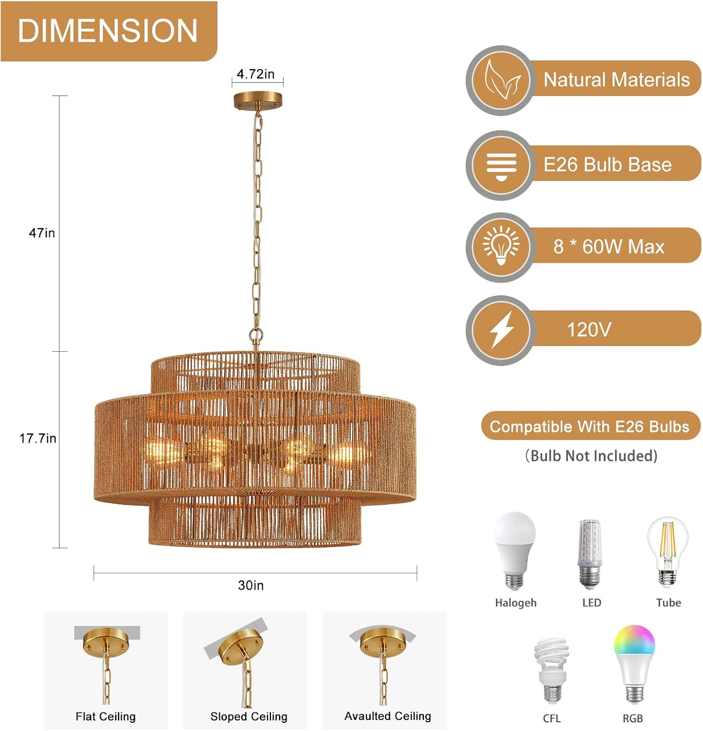 30” Large Hand-Woven Rattan Chandelier Vintage 8-Light Farmhouse Boho Bamboo Chandelier Light Fixture Retro 3-Tier Drum Wicker Rattan Golden Chandeliers for Dining Room, Kitchen, Living Room
