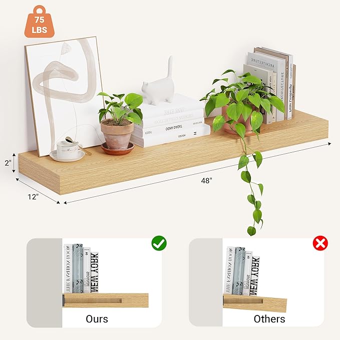 Heimlove 12 Inch Deep Floating Shelves, 48 x 12 inches Long Wall Shelf, Large Display Shelf & Storage Shelf, Rustic Wood Wall Shelves for Fireplace Mantel, Set of 1(Oak)