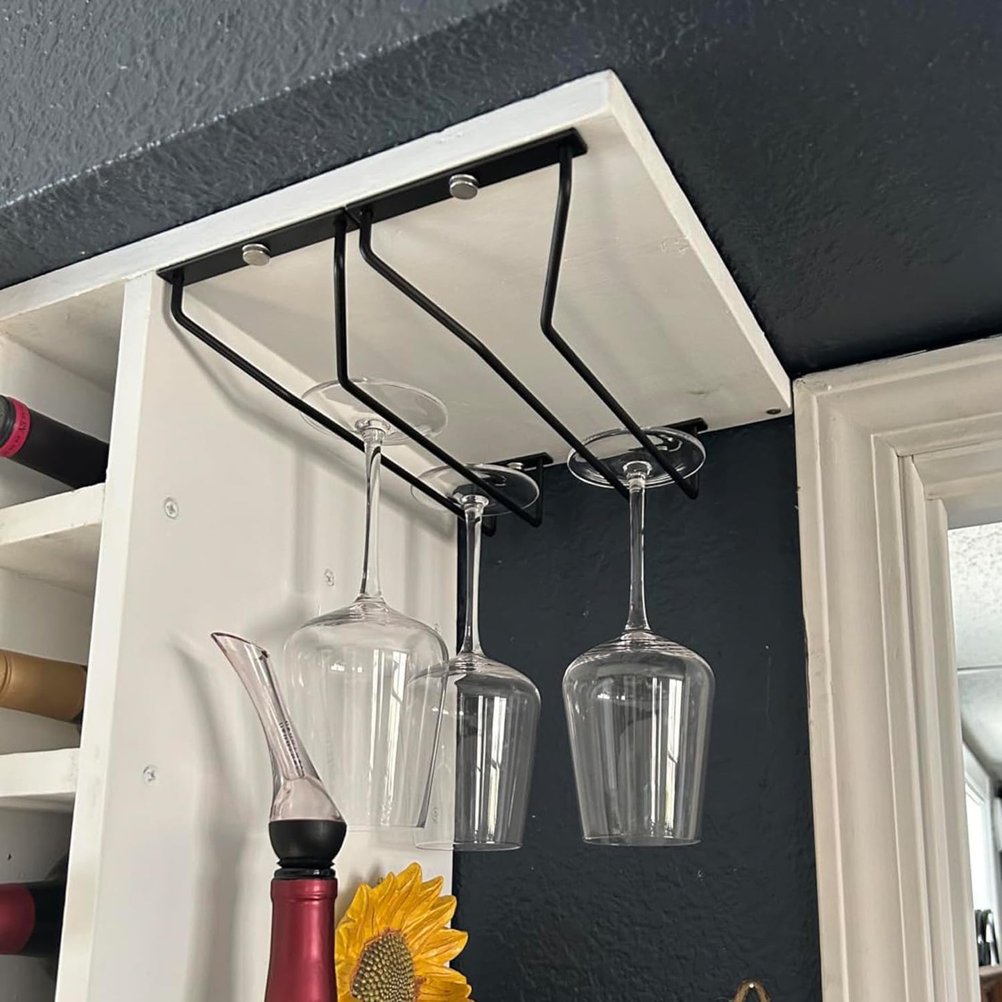 10.8 Inch Black Wine Glass Rack, Under Cabinet Wine Glass Holder Stainless Steel Stemware Rack - Hanging Stemware Holder for Cabinet Kitchen Bar, Set of 4