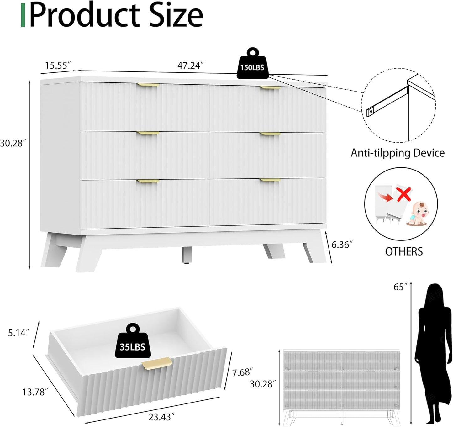 Fluted Dresser for Bedroom with 6 Drawers, 48" Wide Modern Chest of Drawers with Metal Handle, Wooden Dresser TV Stand, Wood Closet Clothes Storage Drawer Organizer for Living Room, Hallway, White