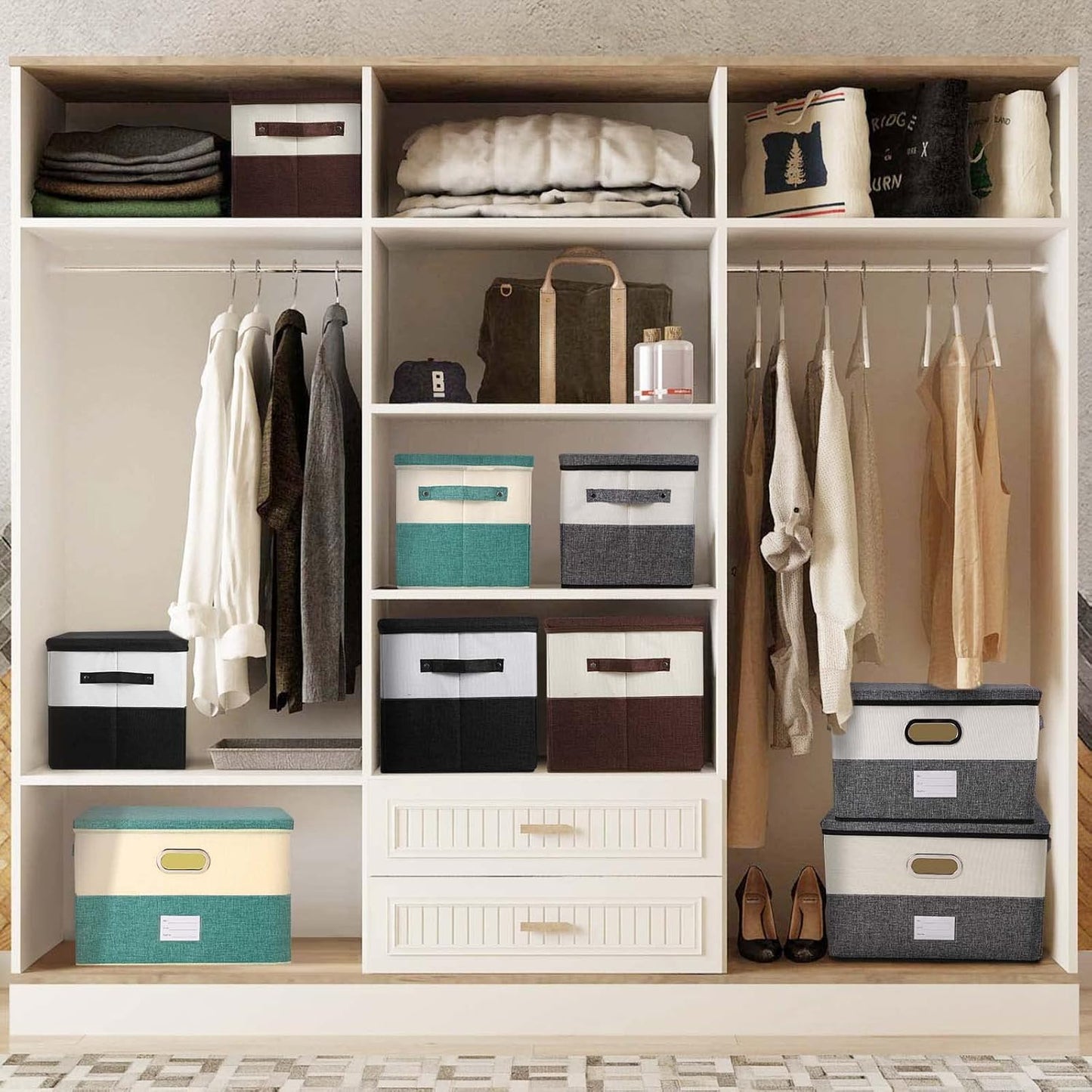 Large Linen Fabric Foldable Storage Bins with Removable Lid and Handles, Washable Storage Box Organizer Containers Baskets Cube with Cover for Bedroom,Office (Black&White, Medium(2-Pack))