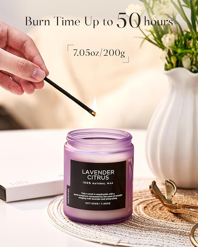 M&SENSE Lavender Citrus Scented Candle, Natural Soy Wax for Home Scented, Stress Relief 7.05oz 50H Burn Time Aromatherapy Candle Gift for Mom Friends Teacher & Spa Bath Yoga