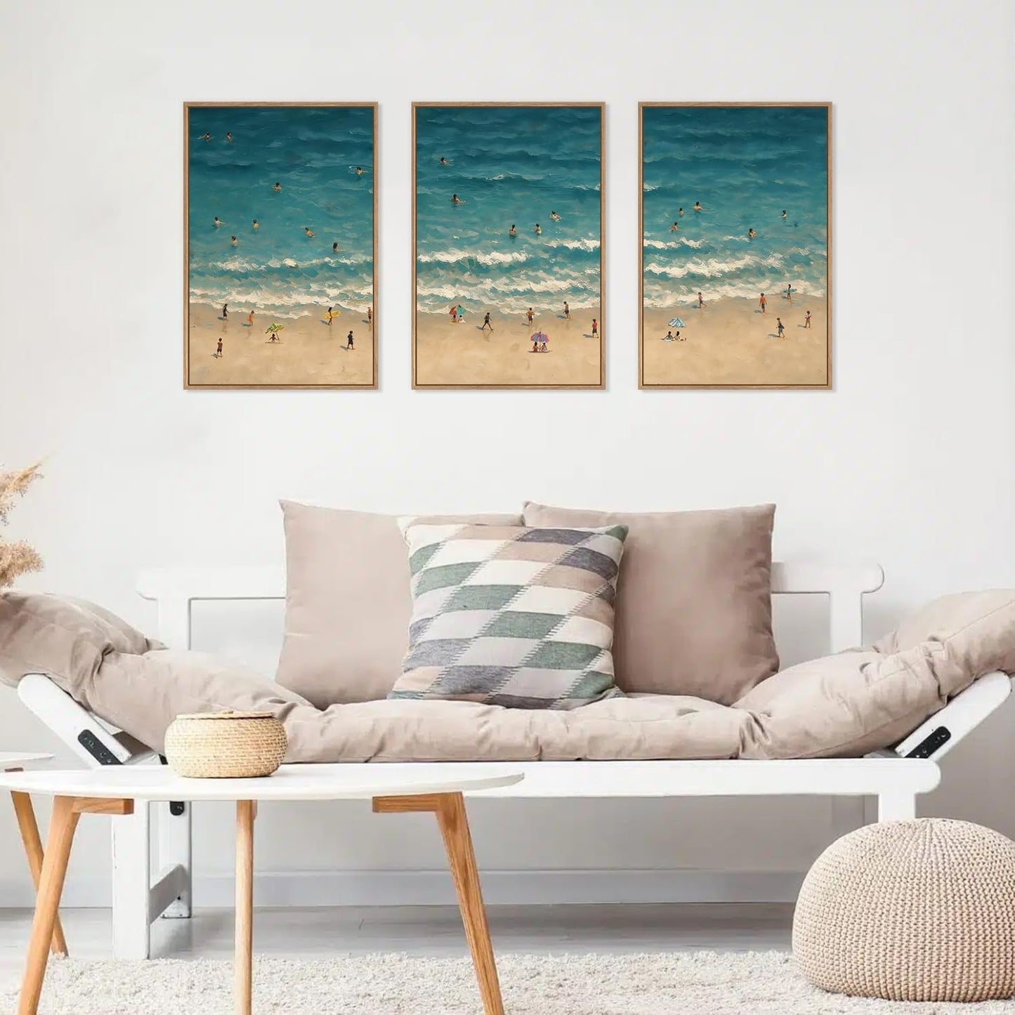 HLNIUC Summer Beach Canvas Wall Art,Modern Minimalist Coastal Landscape Wall Decor Set of 3(16”x24”) Blue Abstract Ocean Wall Painting, Summer Swimming in the Sea Art Print for Living Room,Bathroom