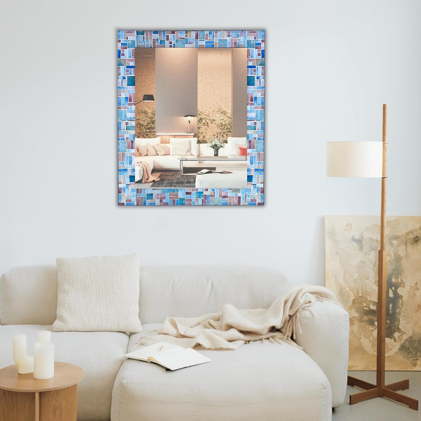 30x24 Rectangular Shape Iron Frame Wall Mirror with Glass Mosaic Tiles- Multi Blue for Vanity, Bathroom, Living Room, Home Decor
