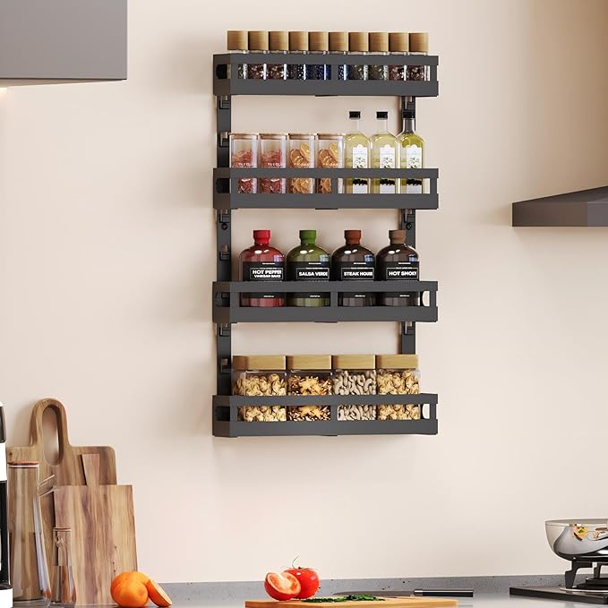 4-Tier Small Wall Mounted Spice Rack Organizer, Hanging Spice Shelf for Cabinet or Pantry, Height-Adjustable Seasoning Holder for Kitchen Storage, Black