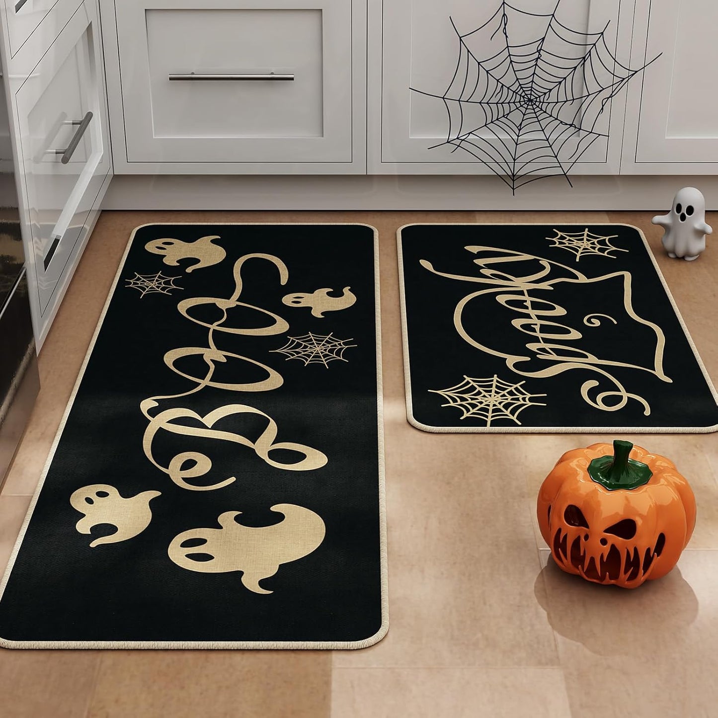 Halloween Kitchen Mat Set of 2, Spooky Spider Web Ghosts Boo Halloween Decor, Halloween Rug for Floor, Indoor Home Decor with Non-Slip Backing,17 x 29 Inch & 17 x 47 Inch