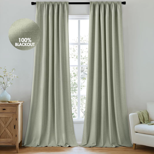 MIULEE 100% Blackout Curtains 84 Inch Long 2 Panels for Bedroom, Thick Luxury Faux Linen Black Out Curtain Room Darkening Back Tab Pleat Window Textured Drapes with Hooks for Living Room, Sage Green