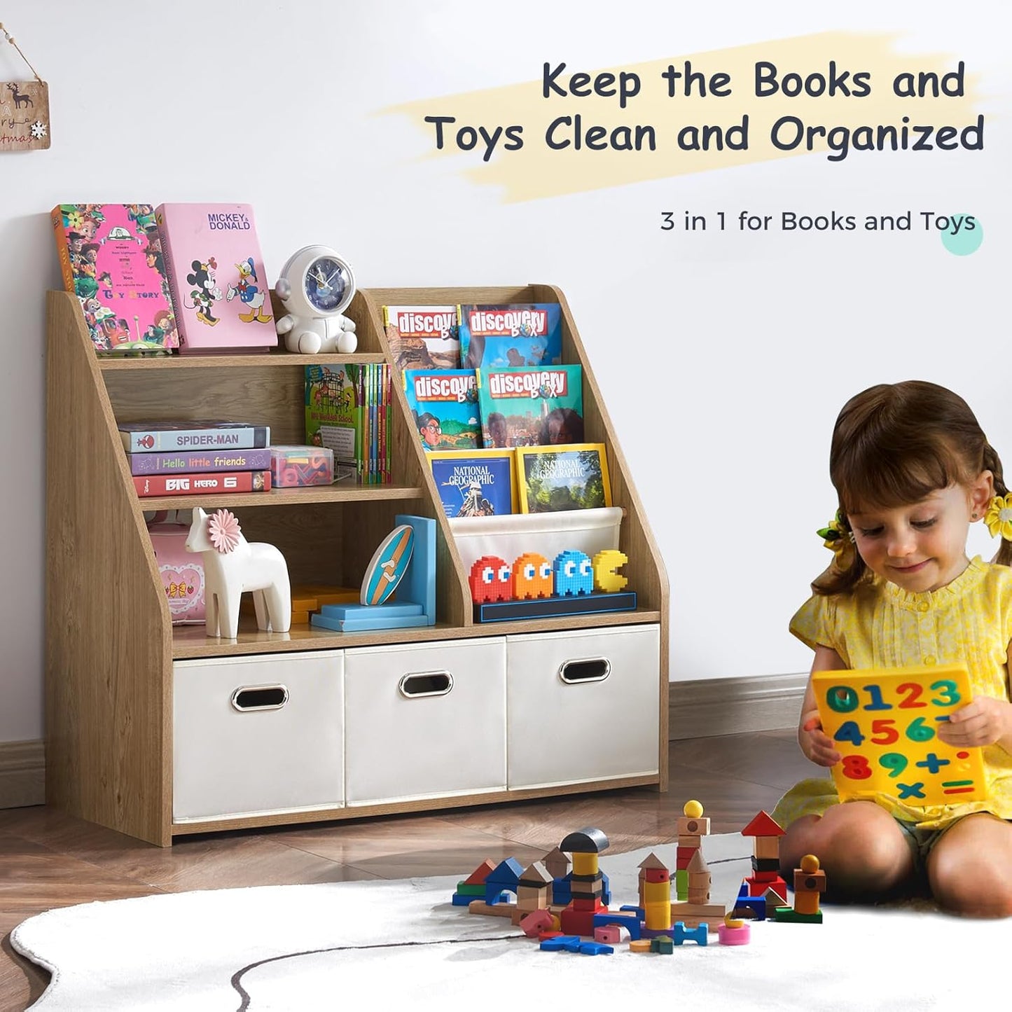 Kids Bookshelf, Kids Toy Storage Organizer with Storage Bins, Wooden Bookshelf and Book Display Shelf for Bedroom, Playroom, Nursery, Classroom, Teak Color