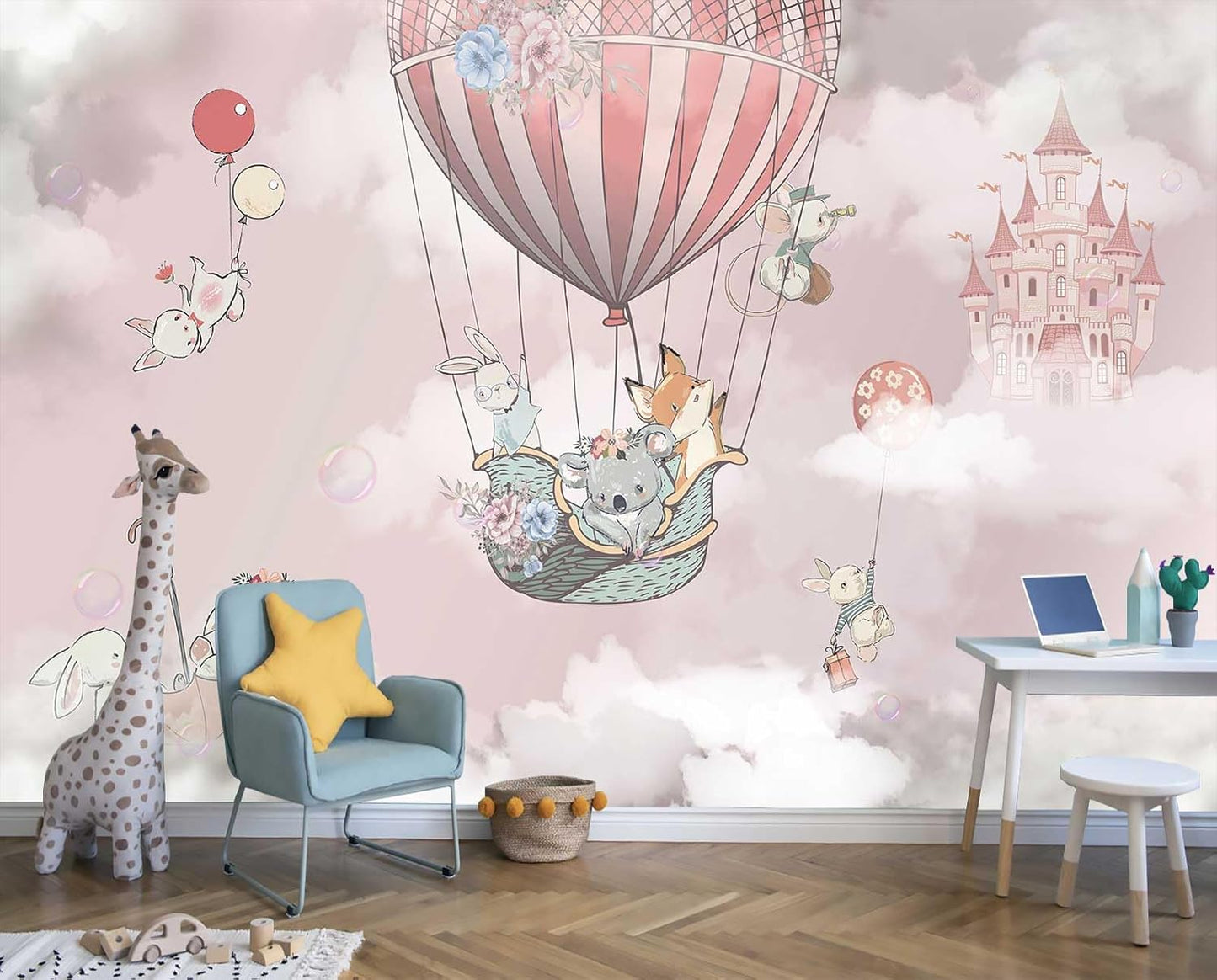 Animal Castle hot air Balloon Pink Wallpaper for Girls Room Wall Decoration Mural（Not Peel and Stick）