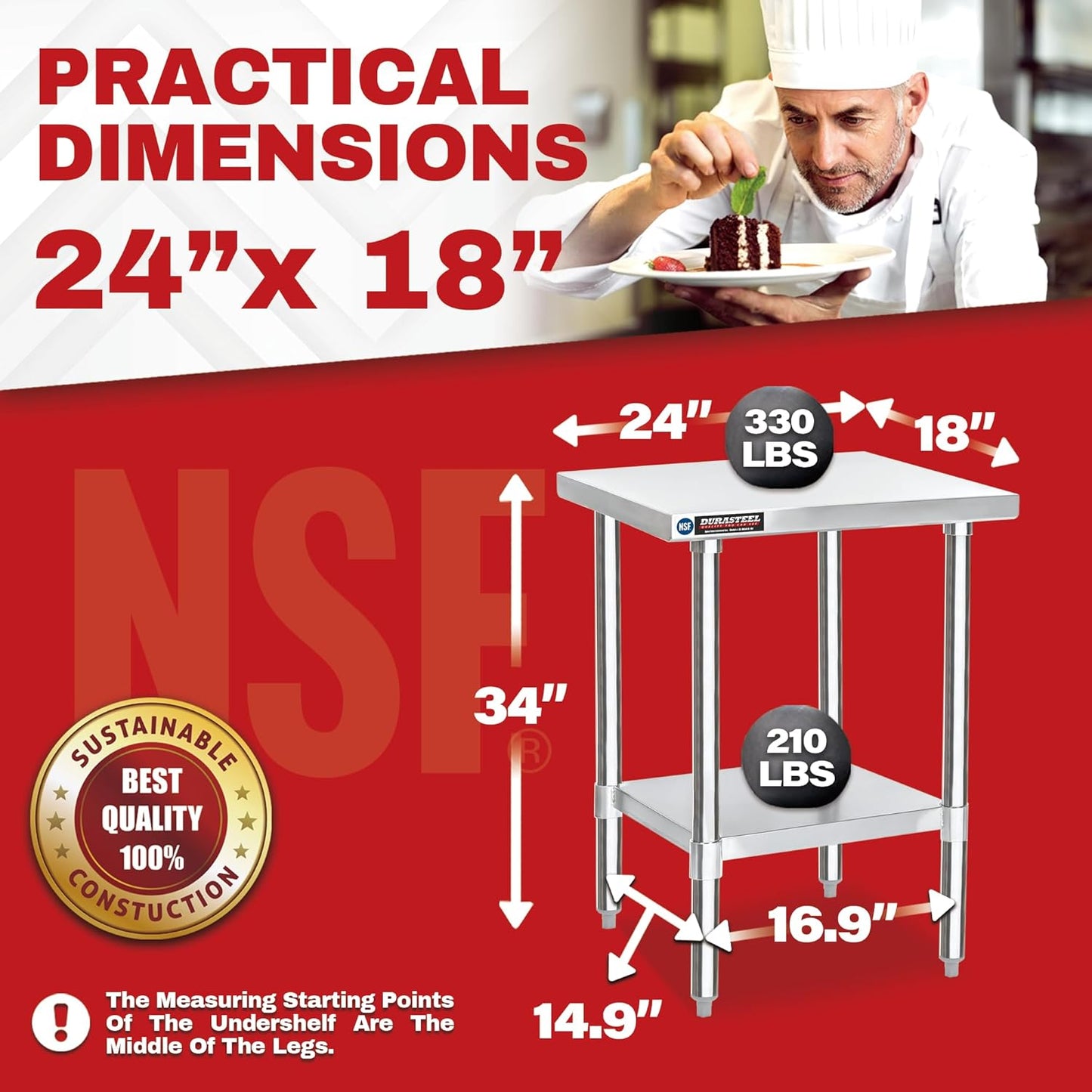DuraSteel 24x18 Small Stainless Steel Table - NSF Metal Food Prep Commercial Kitchen Workt able - Side Mixer Stand with Under Shelf - For Laundry Room, Kitchen, Outdoor Grill, Small Spaces