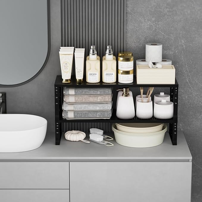 Expandable Spice Rack Kitchen Cabinet Shelf Organizer, Stackable Storage Shelves Racks, Adjustable Counter Shelving for Cabinets, Countertop, Cupboard,Pantry and More(2Packs/Black/Medium)