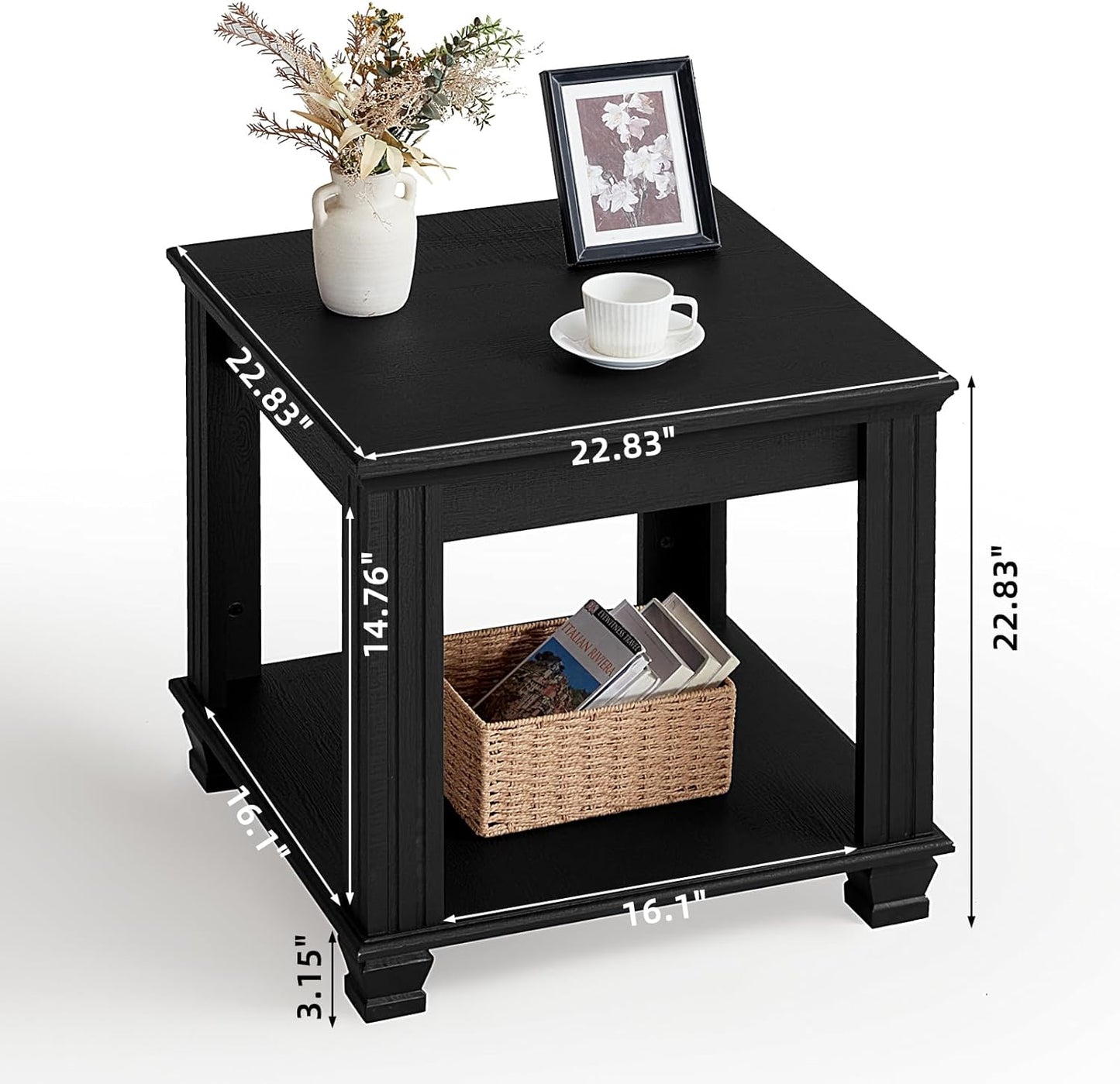 Farmhouse End Table Set of 2,Large Side Table with 2-Tier Storage Shelf,Rustic Wood End Tables for Living Room,Square Tea Table, Black